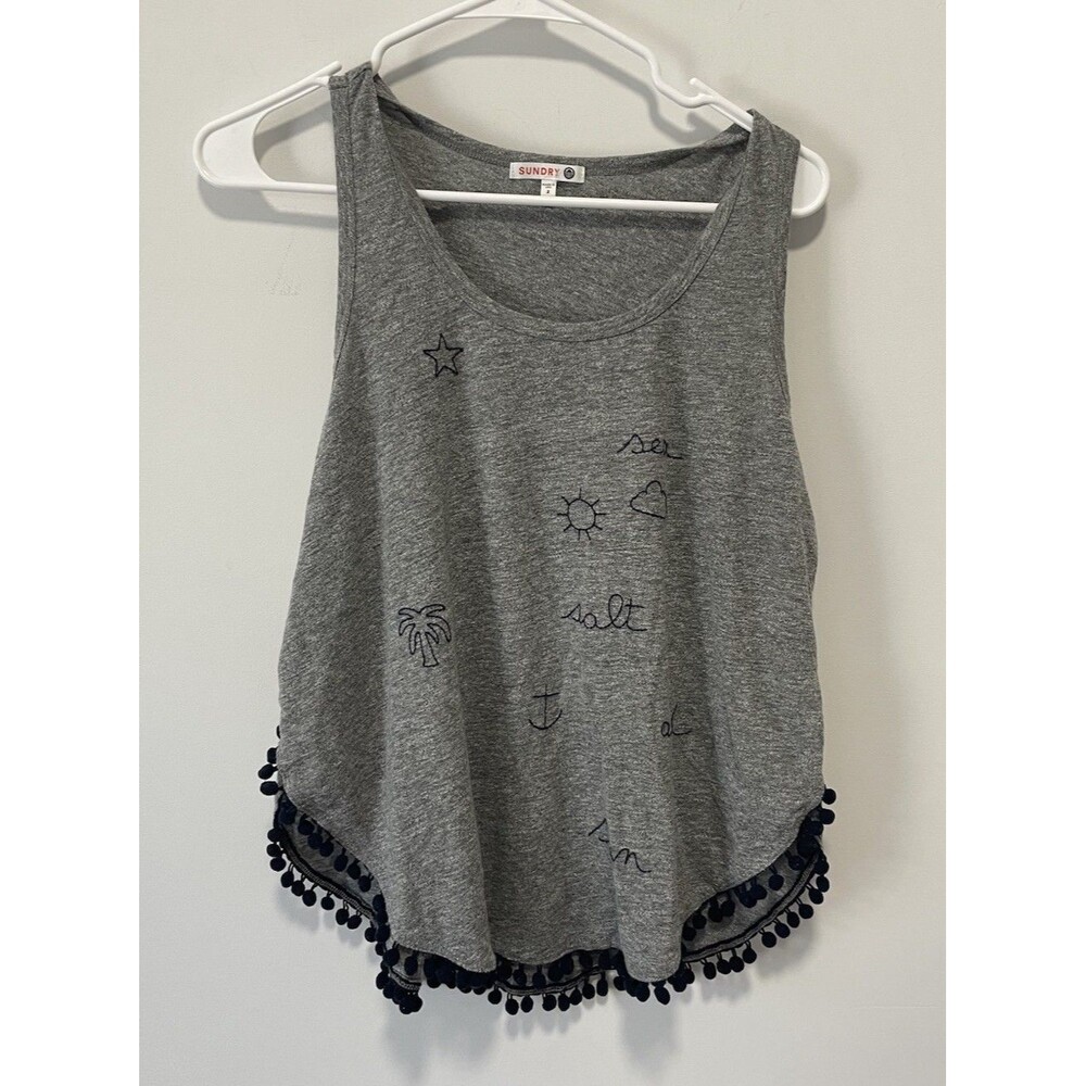 Sundry Size 2 Medium Gray Embroidered Pom Pom Tank Top Summer Cruise Vacation